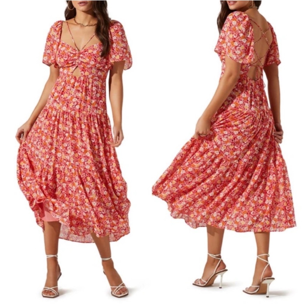 ASTR the Label floral cutout lace up midi dress, size small
